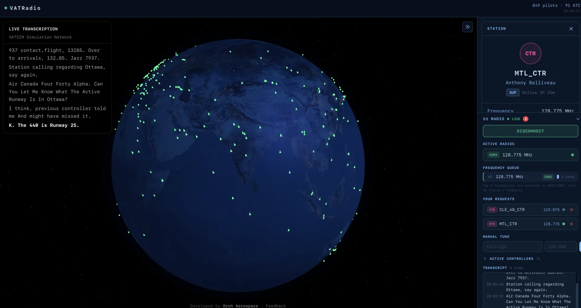 VATRadio — 3D globe with live VATSIM traffic and ATC transcription